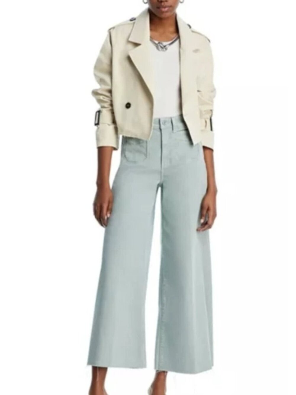 PAIGE Wide Leg Cropped Jeans Sage Green Frayed Hem Patch Pockets High Rise